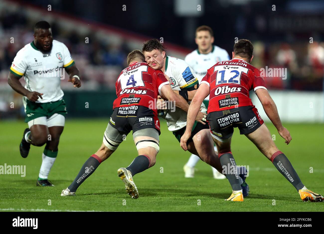 London Irish's Will Goodrick-Clarke is tackled by Gloucester's Ed Slater during the Gallagher Premiership match at the Kingsholm Stadium, Gloucester. Picture date: Friday May 28, 2021. Stock Photo