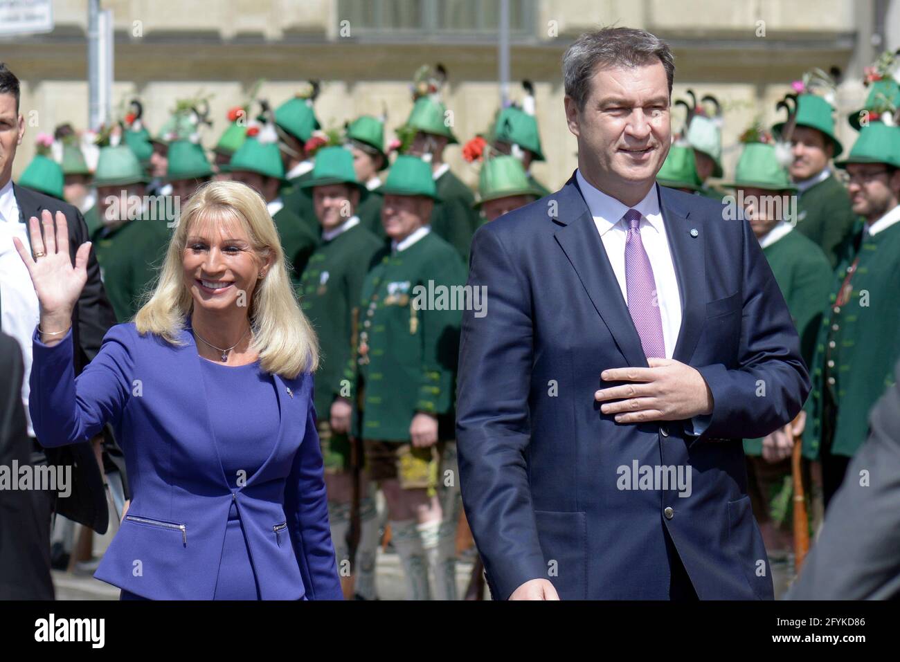 Prime Minister Dr. Markus Soeder and his wife Karin on the way to welcome Prince Charles and his wife Camilla at Max-Joseph-Platz in Munich Stock Photo