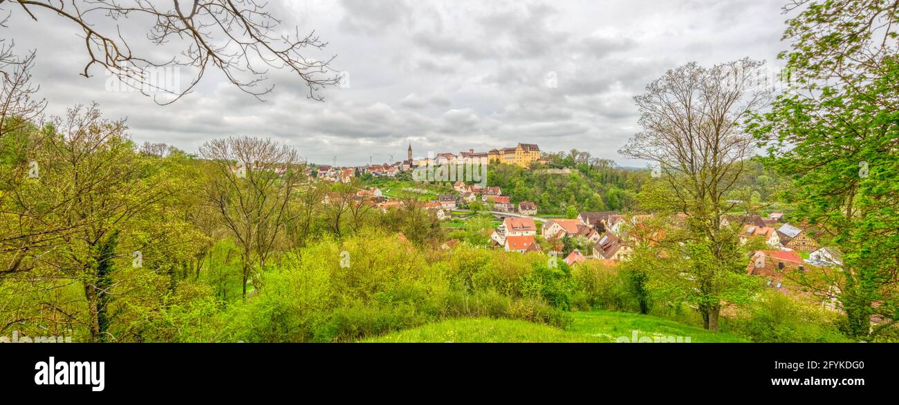 Panorama of Kirchberg an der Jagst, with the Old City castle and the small town on the hill, in Baden-Wuerttemberg, South Germany Stock Photo