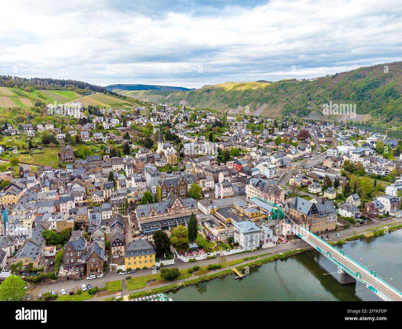 Aerial Panorama view on Traben-Trarbach. Beautiful historical town on the loop of romantic Moselle, Mosel  river. Rhineland-Palatinate, Germany, betwe Stock Photo