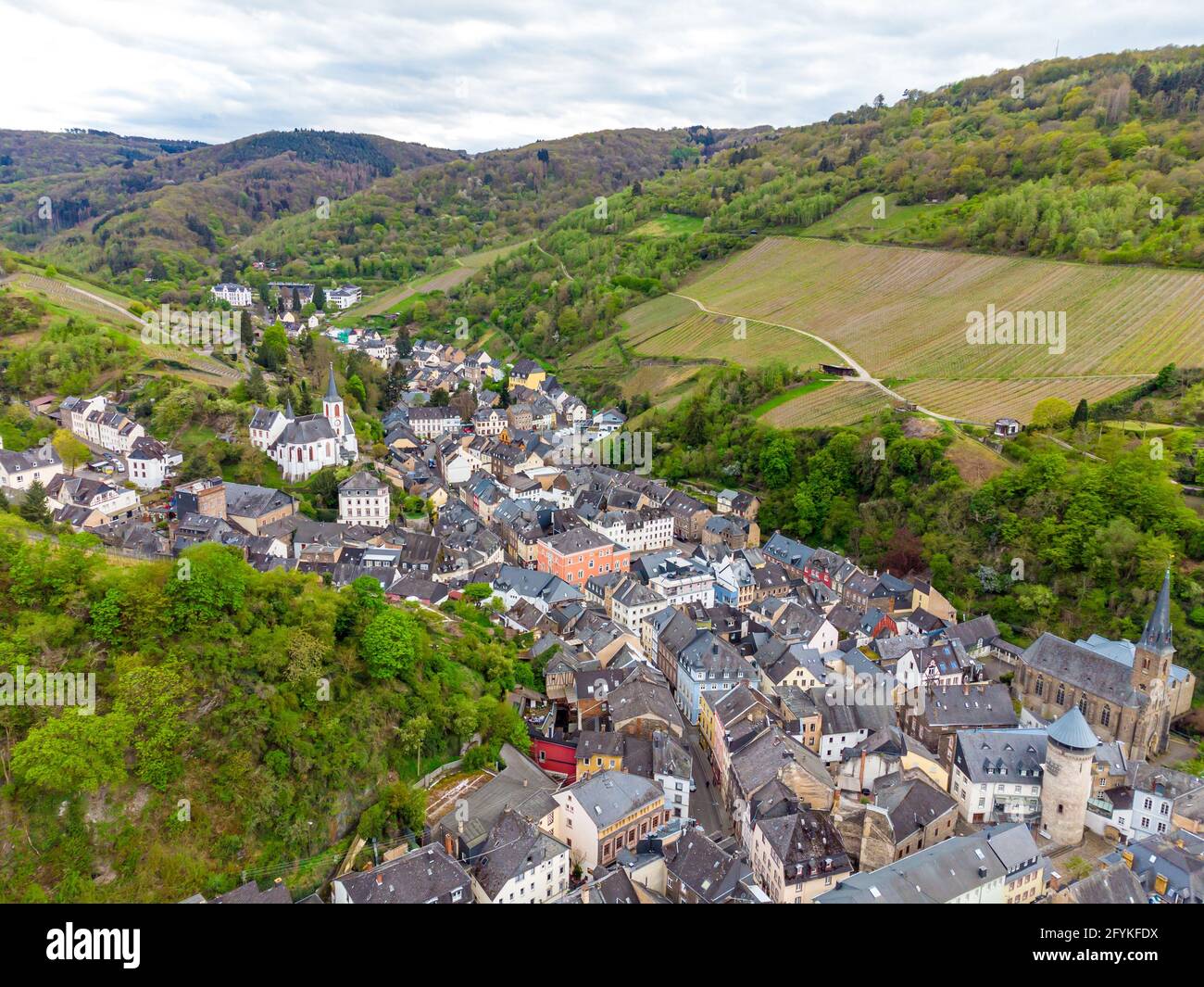 Aerial Panorama view on Traben-Trarbach. Beautiful historical town on the loop of romantic Moselle, Mosel  river. Rhineland-Palatinate, Germany, betwe Stock Photo