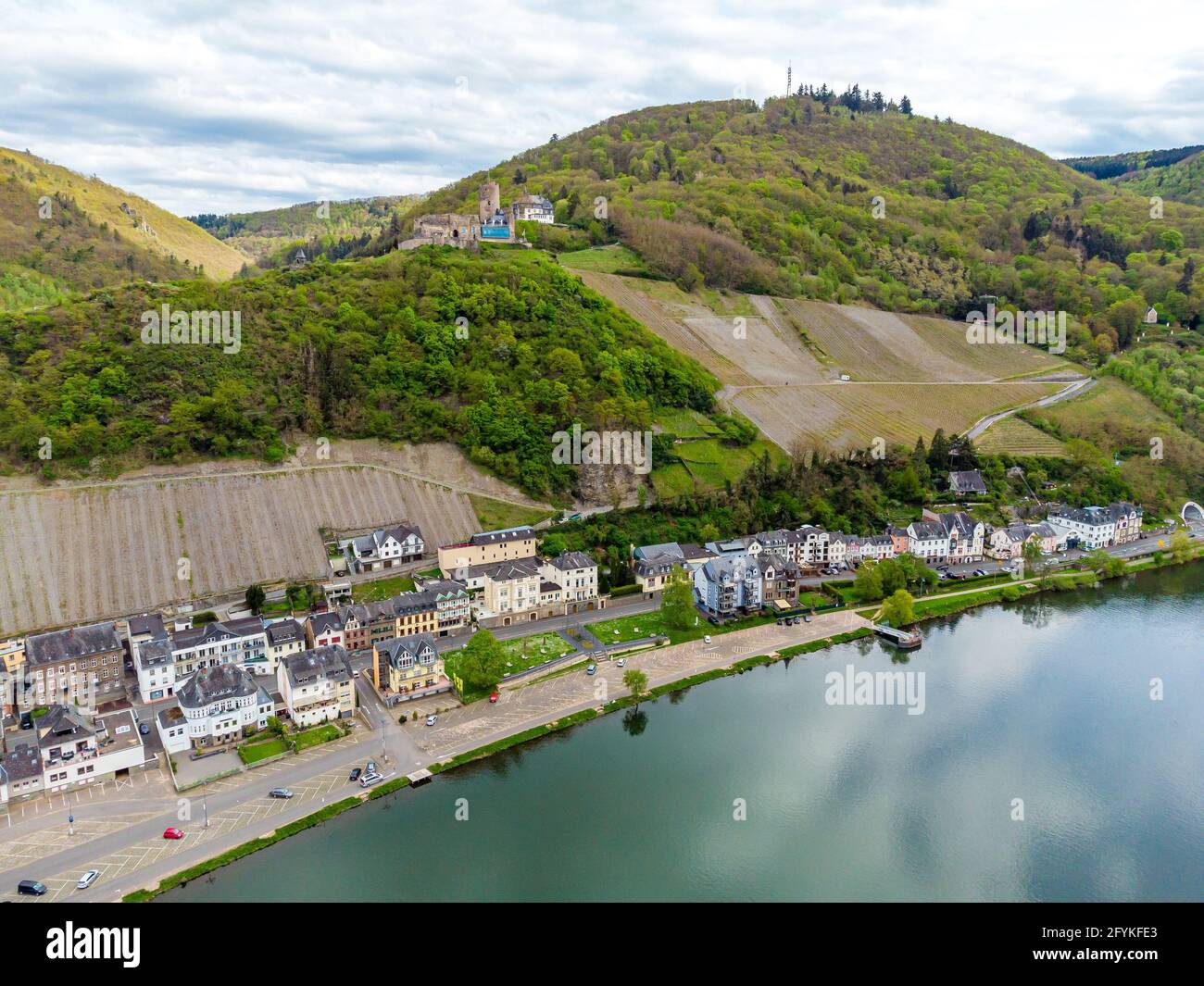 Bernkastel-Kues. Aerial view on beautiful historical town on romantic Moselle, Mosel river. City view with a castle Burgruine Landshut on a hill. Rhin Stock Photo