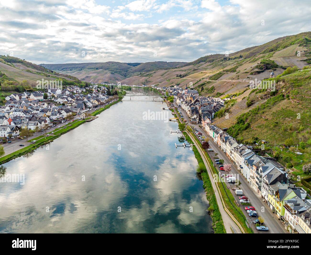 Aerial Panorama view on Zell am Mosel. Beautiful historical town on the loop of romantic Moselle river. Rhineland-Palatinate, Germany, between Trier a Stock Photo
