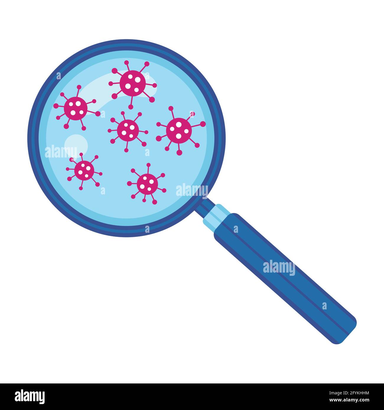 Coronavirus under magnifying glass sign. Magnifier shows viruses or bacteria cell. Optical tool. Detection strain COVID-19. Research disease. Vector Stock Vector