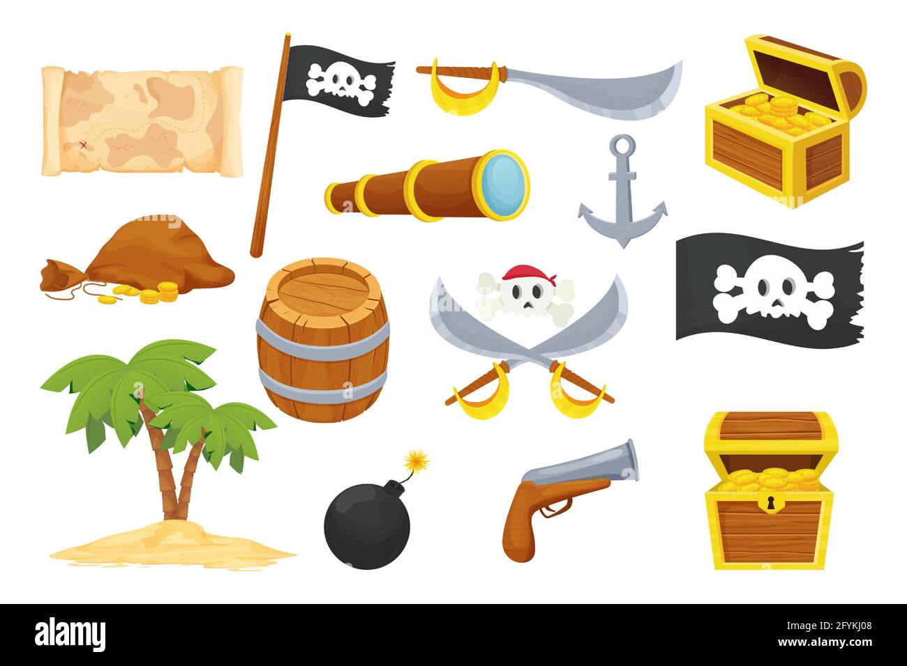 Pirate set with funny skull, wooden treasure chest, barrel, weapon, black  flag and map in cartoon