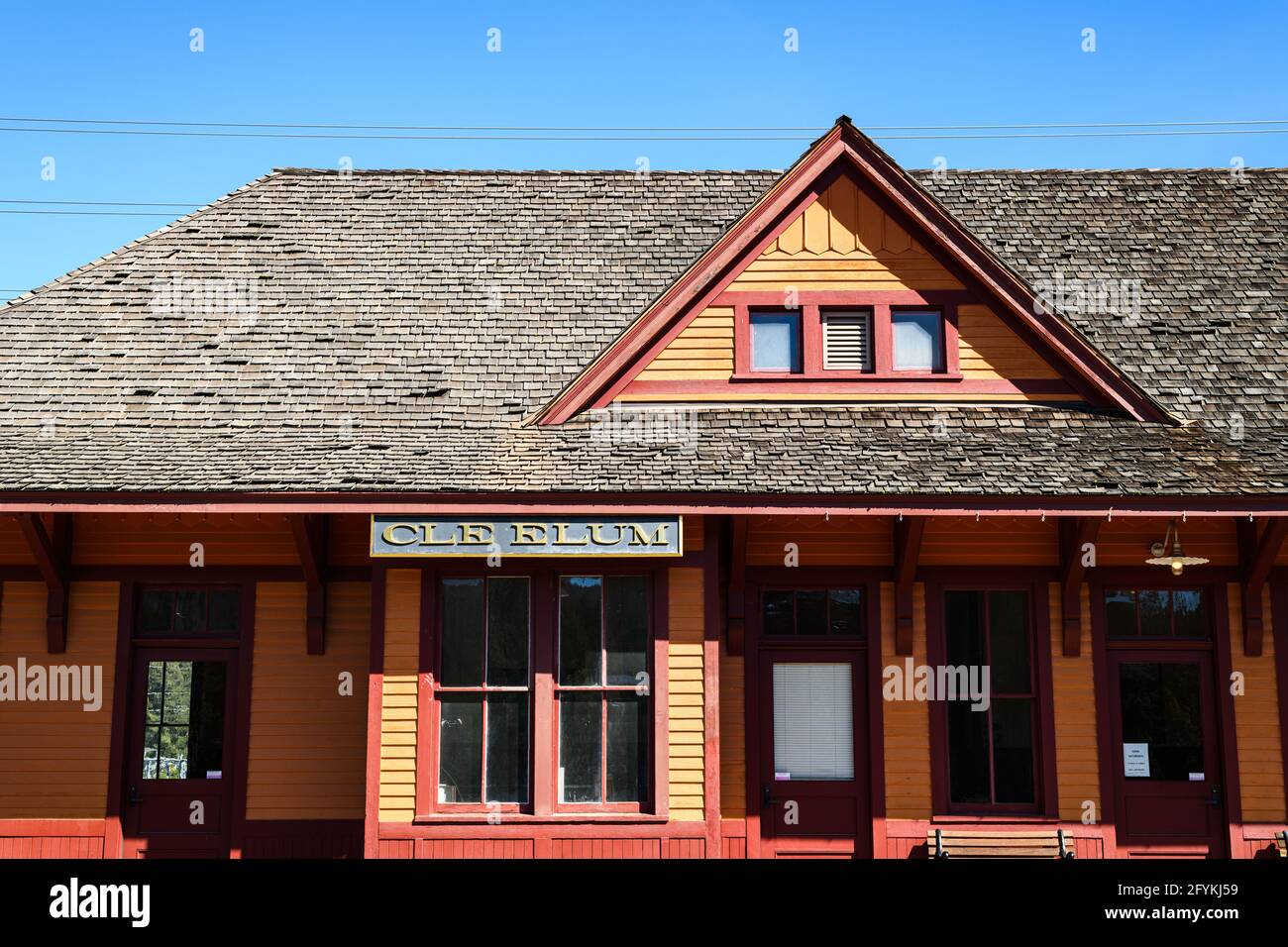 Cle Elum, WA, USA - May 27, 2021; Milwaukee Road historic depot at the South Cle Elum Rail Yard National Historic District with name board Stock Photo