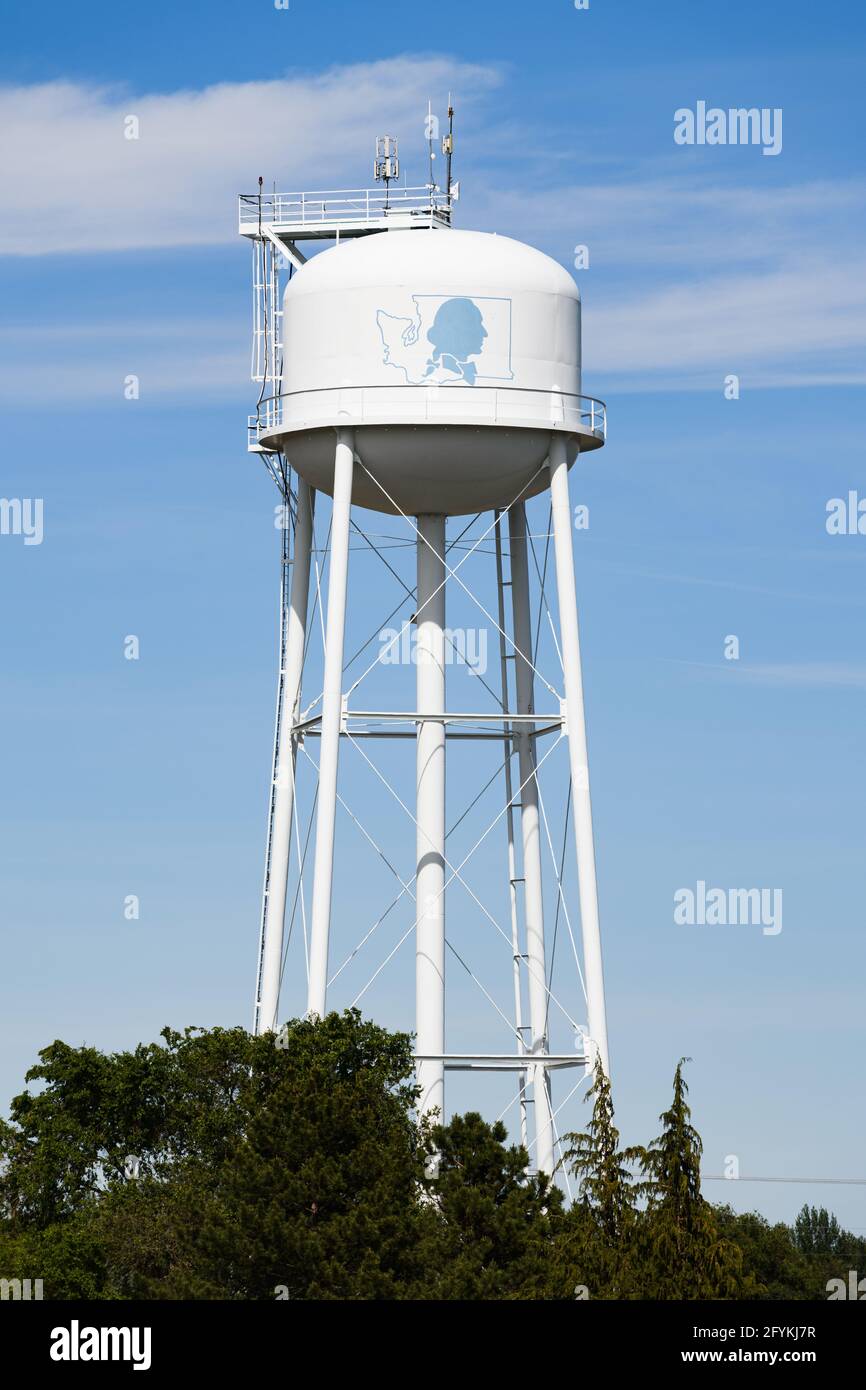 George, WA, USA - May 26, 2021; The water tower with image in George Washington named after the first president of the United States Stock Photo