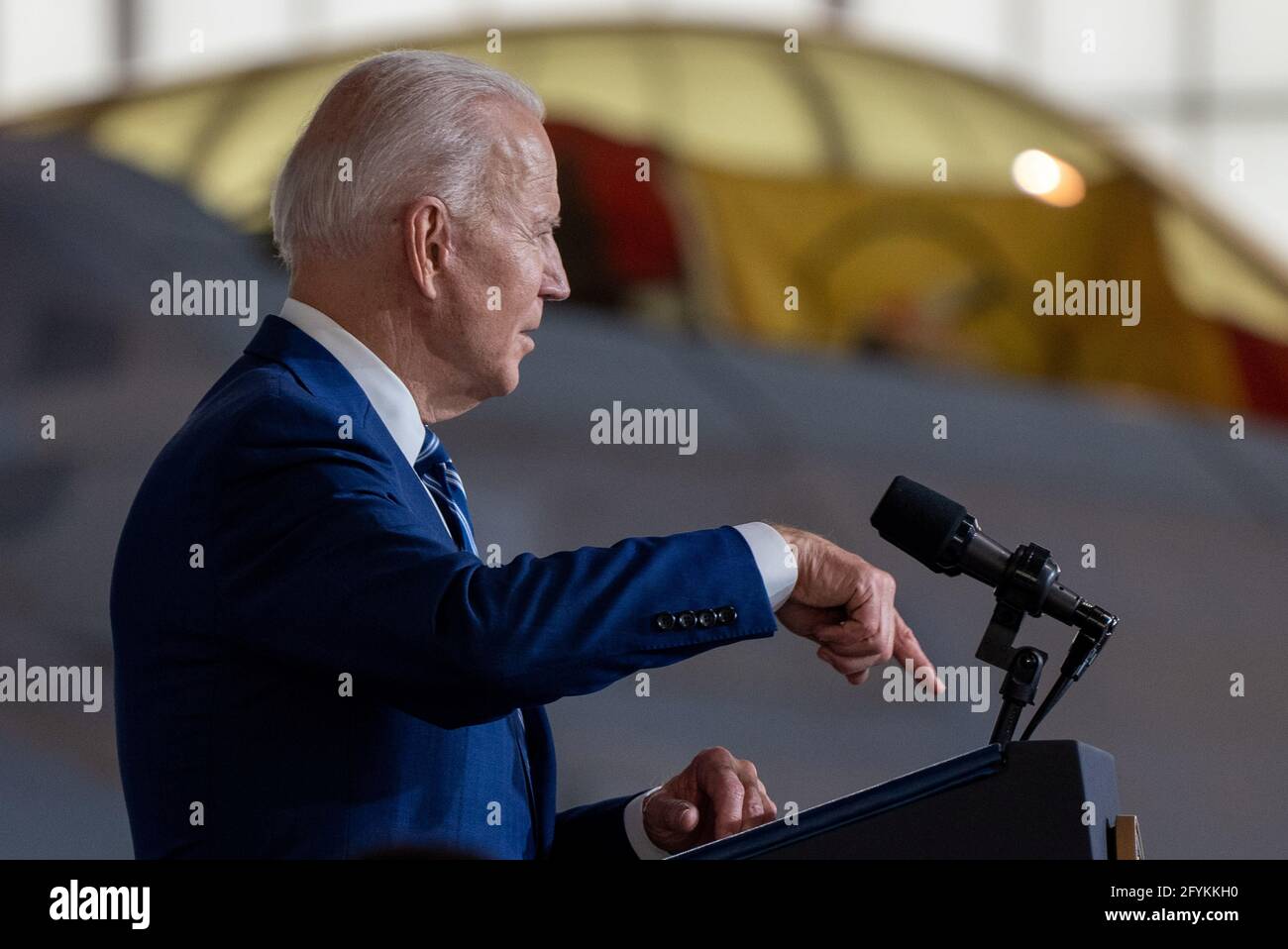 U.S. President Joe Biden delivers remarks at Joint Base Langley-Eustis in Hampton, Virginia, U.S. May 28, 2021. REUTERS/Ken Cedeno Stock Photo