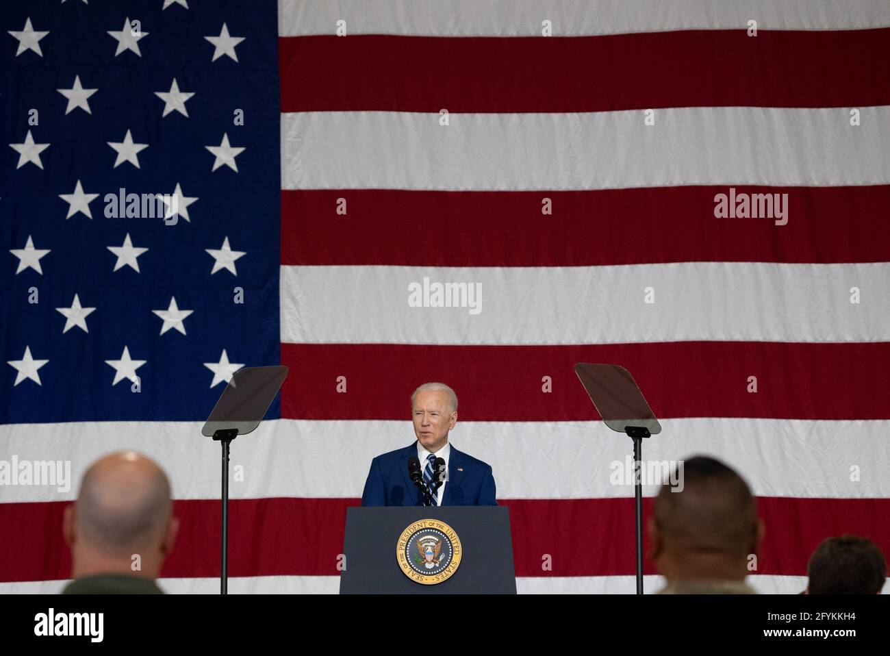 U.S. President Joe Biden delivers remarks at Joint Base Langley-Eustis in Hampton, Virginia, U.S. May 28, 2021. REUTERS/Ken Cedeno Stock Photo