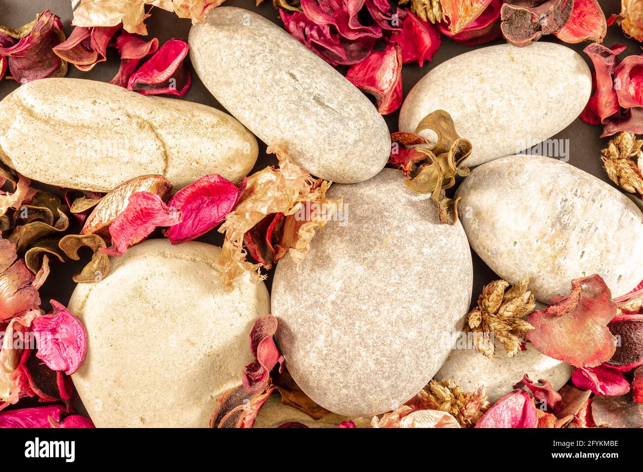 Wallpaper of beach stones and dried flowers.Photograph with zenithal point of view and shot in horizontal format. Stock Photo