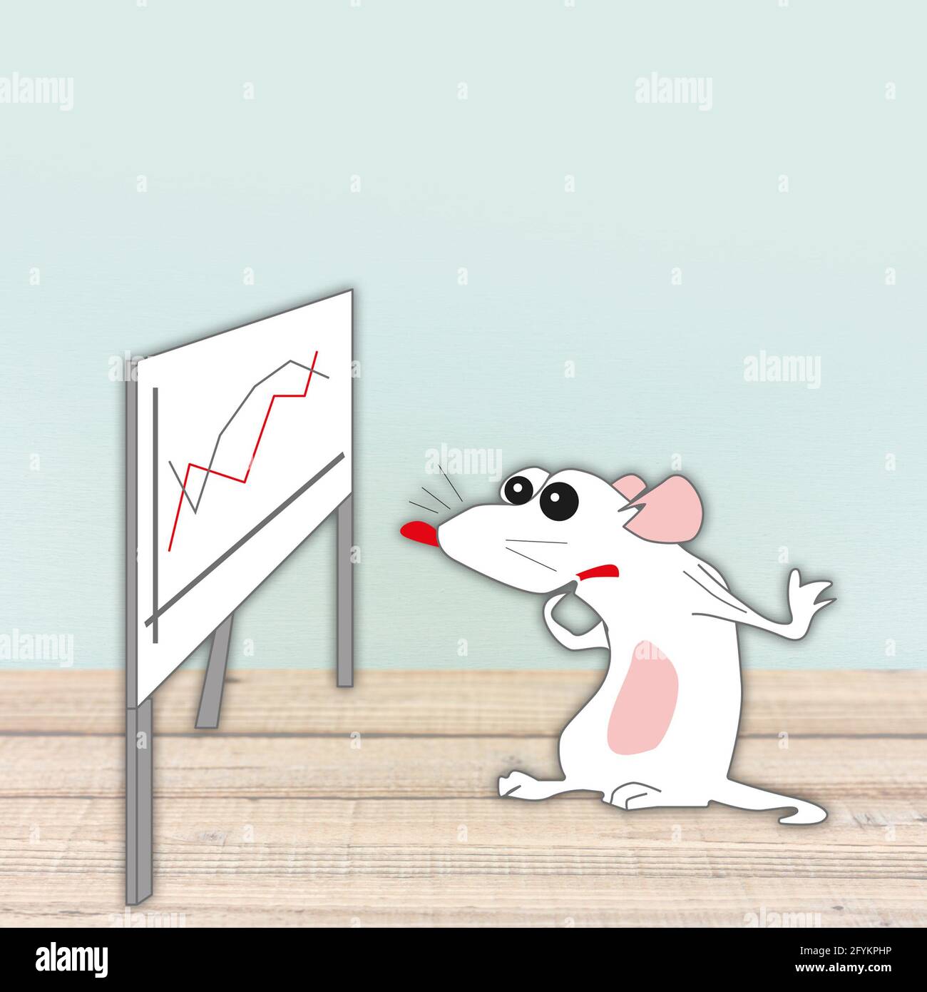 a pink mouse mascot looks at the profit and income graph Stock Photo