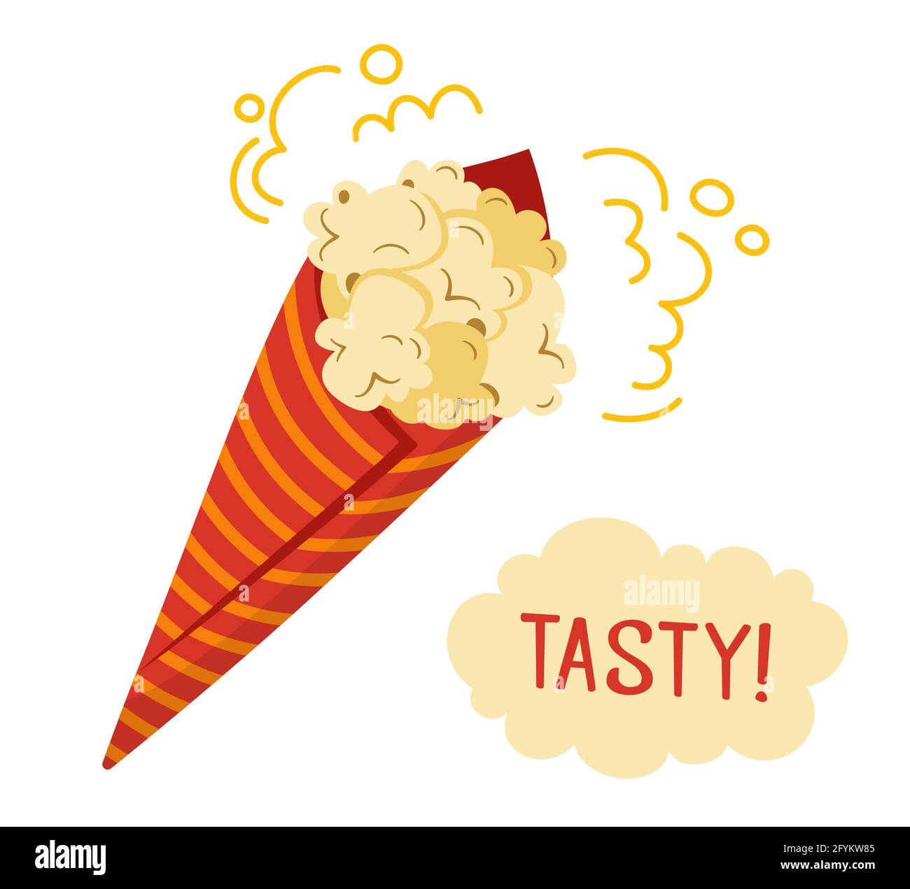 Popcorn cartoon cinema poster. Small box delicious popcorn. Cinema concept, watching movie, takeaway food, fast food snack icons. Flat style classic striped red white cardboard. Hand drawn vector Stock Vector