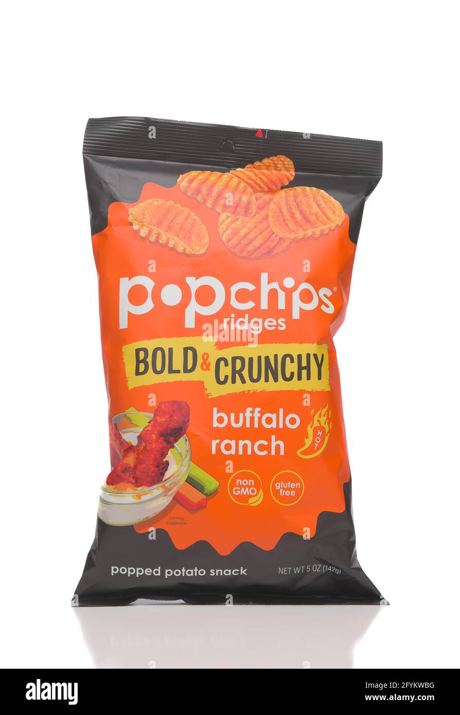 IRVINE, CALIFORNIA - 28 MAY 2021: A bag of Pop Chips Ridges Bold and Crunchy Buffalo Ranch, a popped potato snack. Stock Photo