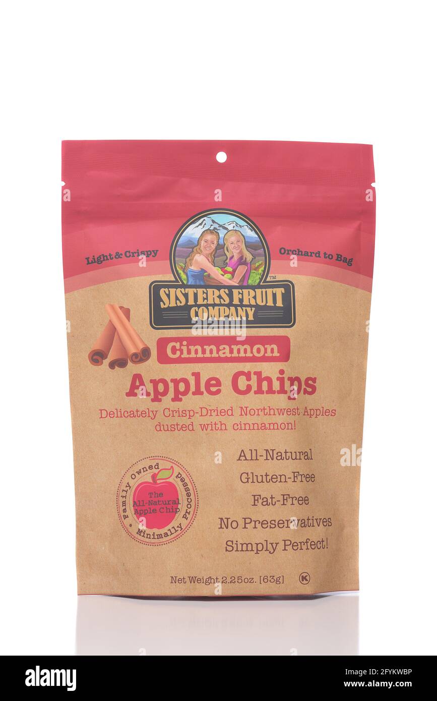 IRVINE, CALIFORNIA - 28 MAY 2021: A bag of Cinnamon Apple Chips,  from the Sisters Fruit Company. Stock Photo