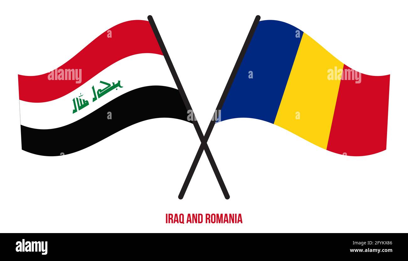 Iraq and Romania Flags Crossed And Waving Flat Style. Official Proportion. Correct Colors. Stock Photo