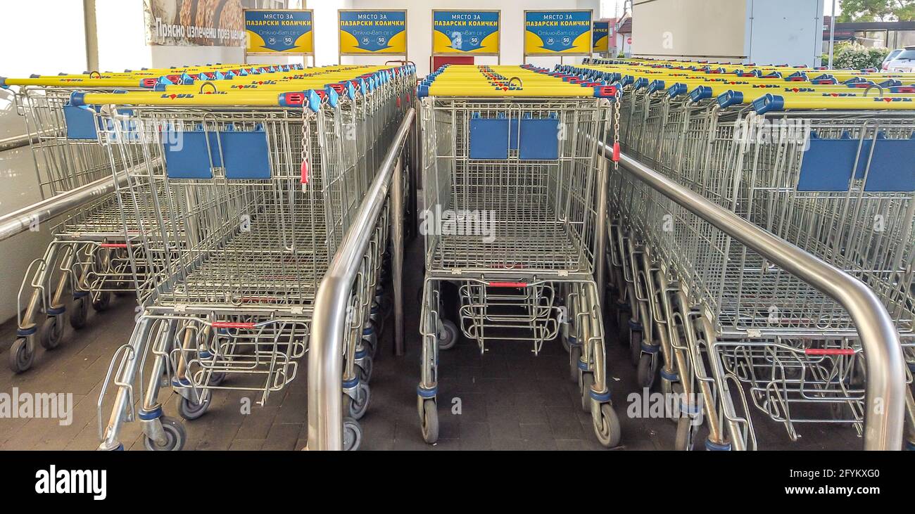 BURGAS, BULGARIA May 25, 2021 Lidl sign ,at shopping trolly.Burgas