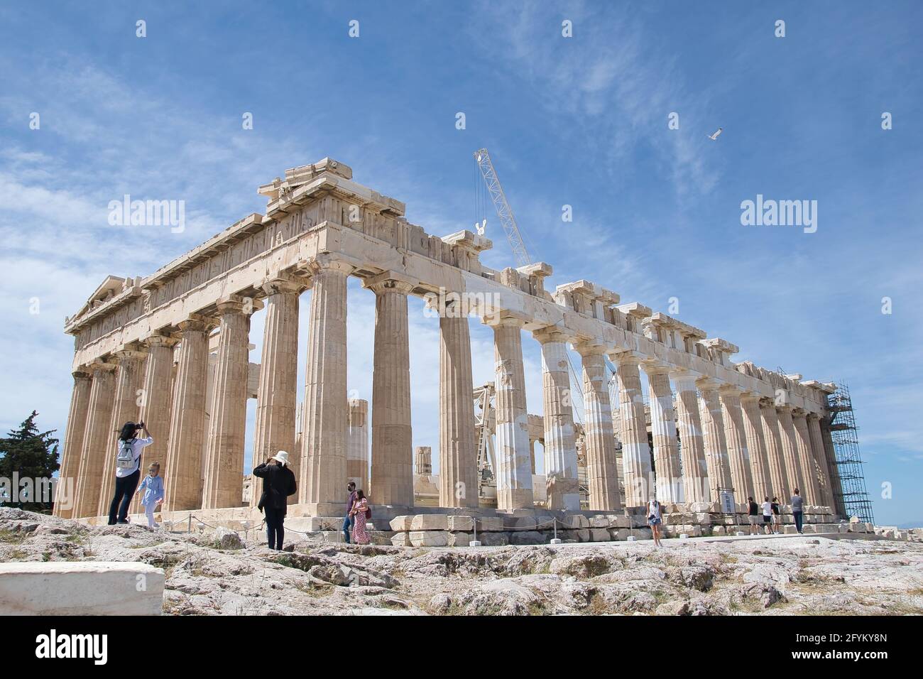 ATHENS, GREECE - May 18, 2021: Parthenon is a temple of classical Athens, in the Athenian Acropolis of Greece, dedicated to the goddess Athena. Athens Stock Photo