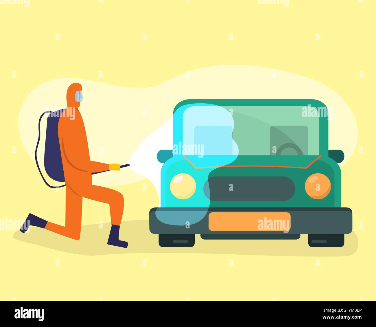 people with protective suit disinfecting car vector illustration in flat style Stock Vector