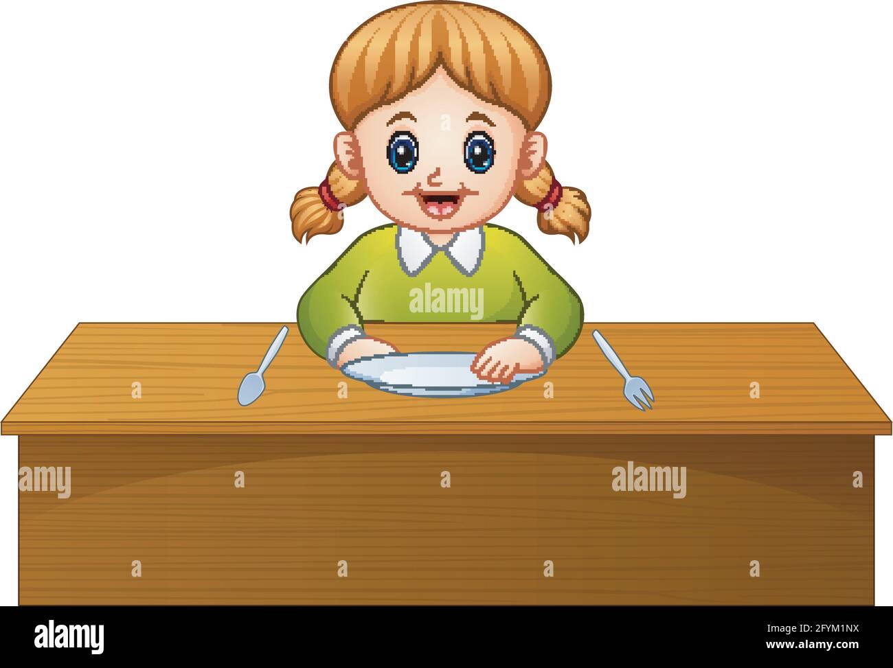Cute little girl cartoon waiting for breakfast on dining table Stock