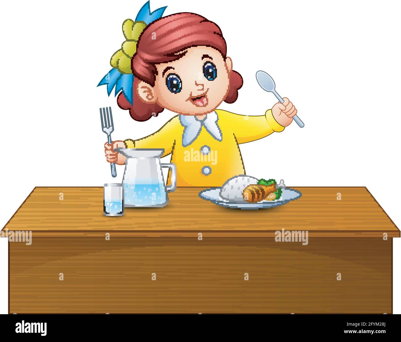 happy-little-girl-holding-spoon-and-fork-eating-at-the-table-stock