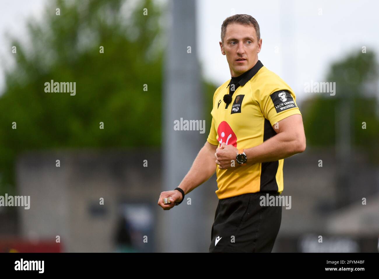 Limerick, Ireland. 28th May, 2021. Referee Mike ADAMSON during the Guinness PRO14 Rainbow Cup Round 4 match between Munster Rugby and Cardiff Blues at Thomond Park in Limerick, Ireland on May 28, 2021 (Photo by Andrew SURMA/SIPA USA) Credit: Sipa USA/Alamy Live News Stock Photo