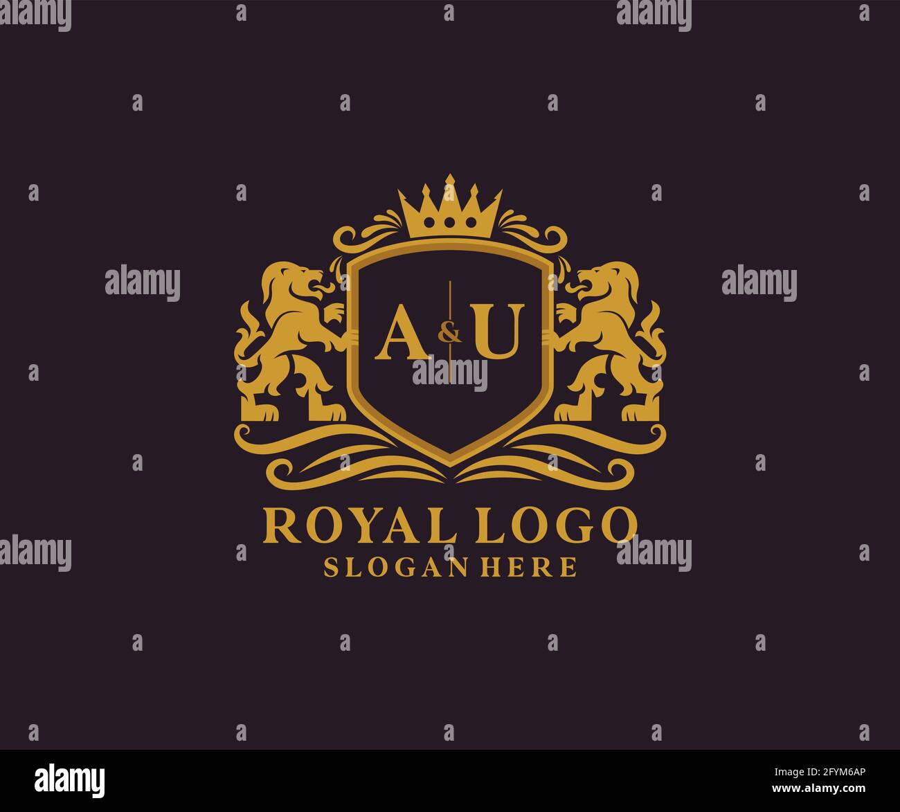 AU Letter Lion Royal Luxury Logo template in vector art for Restaurant, Royalty, Boutique, Cafe, Hotel, Heraldic, Jewelry, Fashion and other vector il Stock Vector