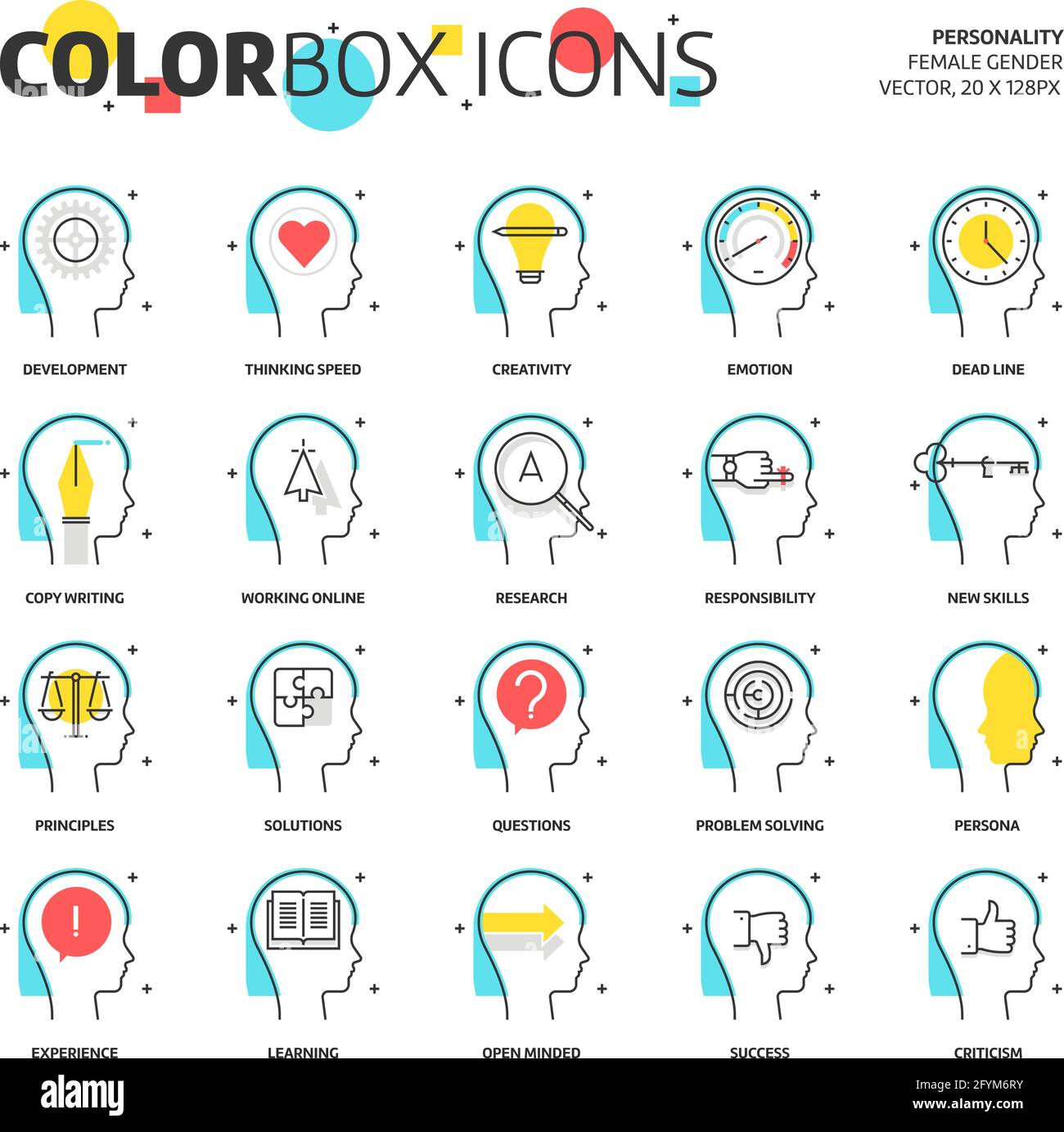 Color box icons, business and personality concept illustrations, icons, backgrounds and graphics. The illustration is colorful, flat, vector, pixel pe Stock Vector