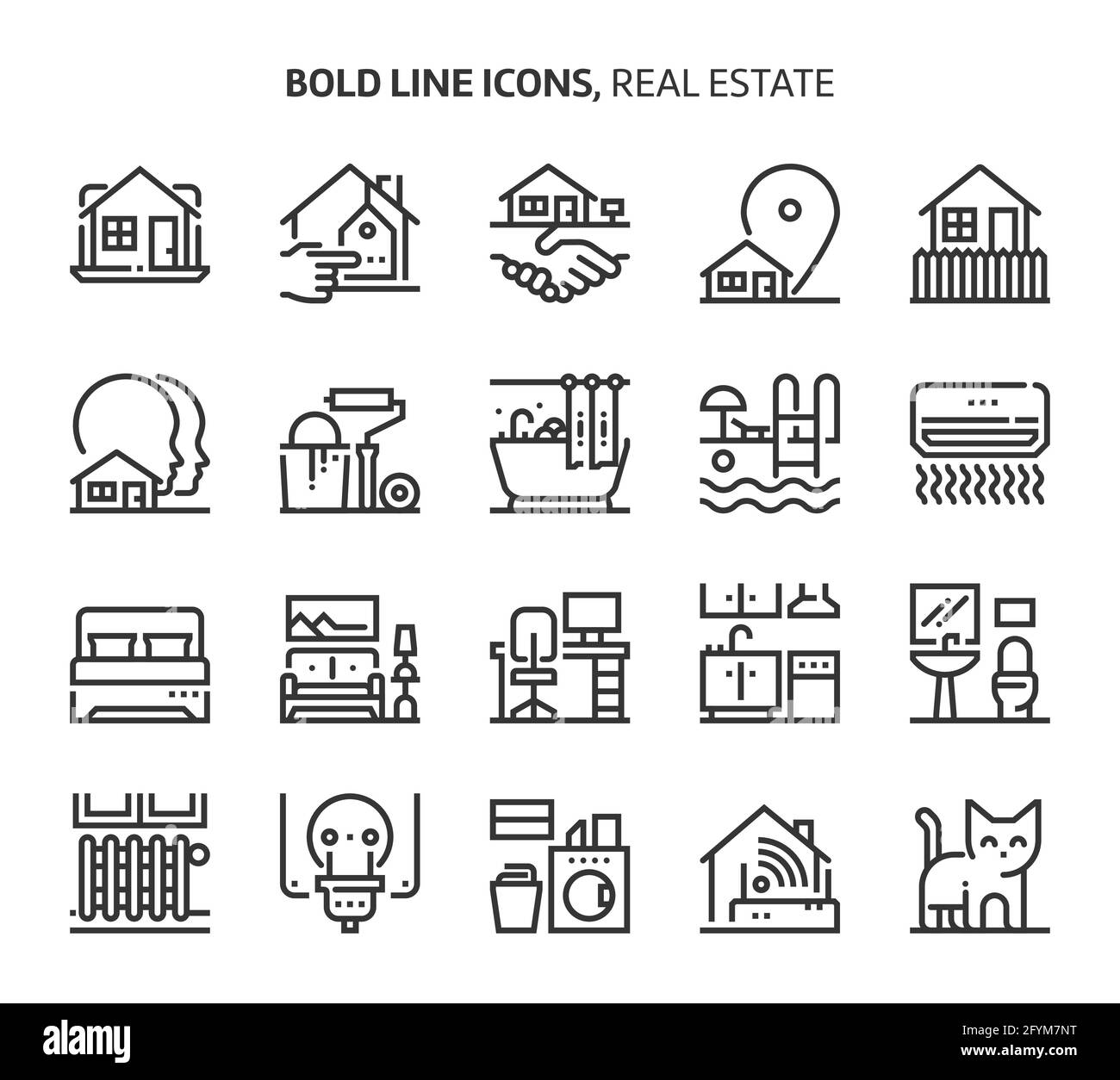 Real estate, bold line icons. The illustrations are a vector, editable stroke, 48x48 pixel perfect files. Crafted with precision and eye for quality. Stock Vector