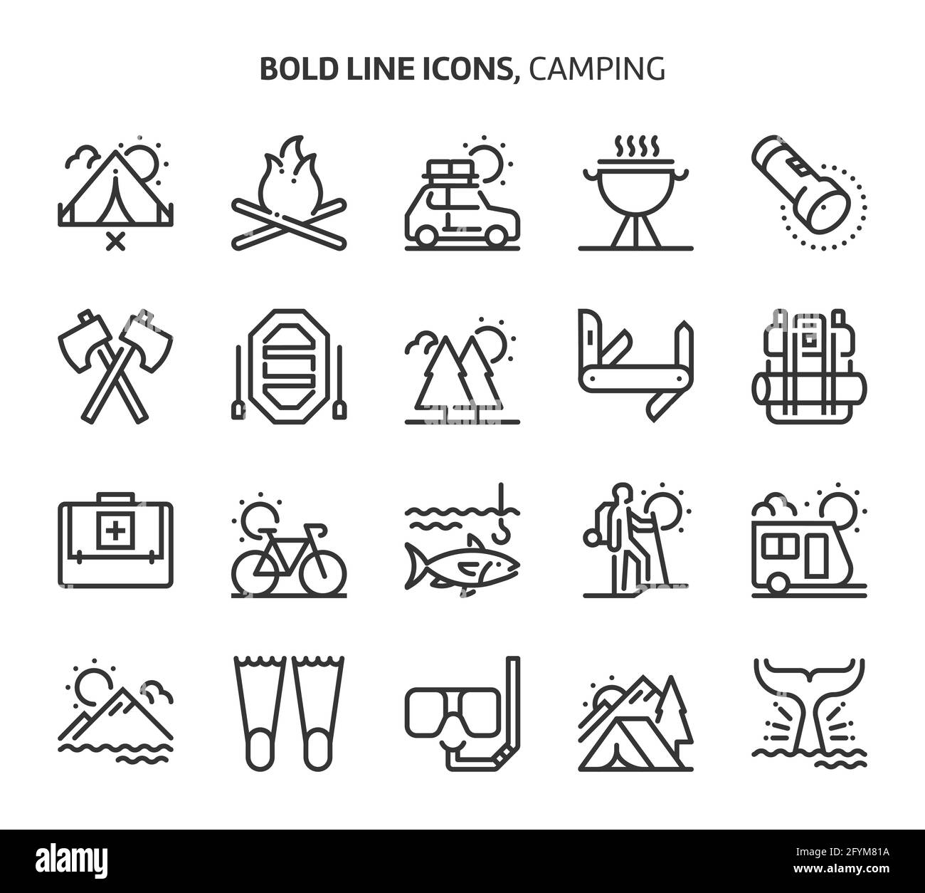 Camping, bold line icons. The illustrations are a vector, editable stroke, 48x48 pixel perfect files. Crafted with precision and eye for quality. Stock Vector
