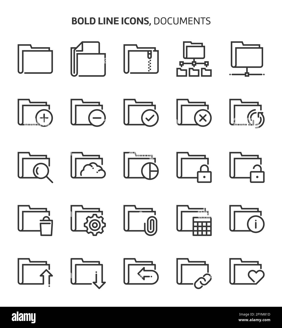 Folders, bold line icons. The illustrations are a vector, editable stroke, 48x48 pixel perfect files. Crafted with precision and eye for quality. Stock Vector