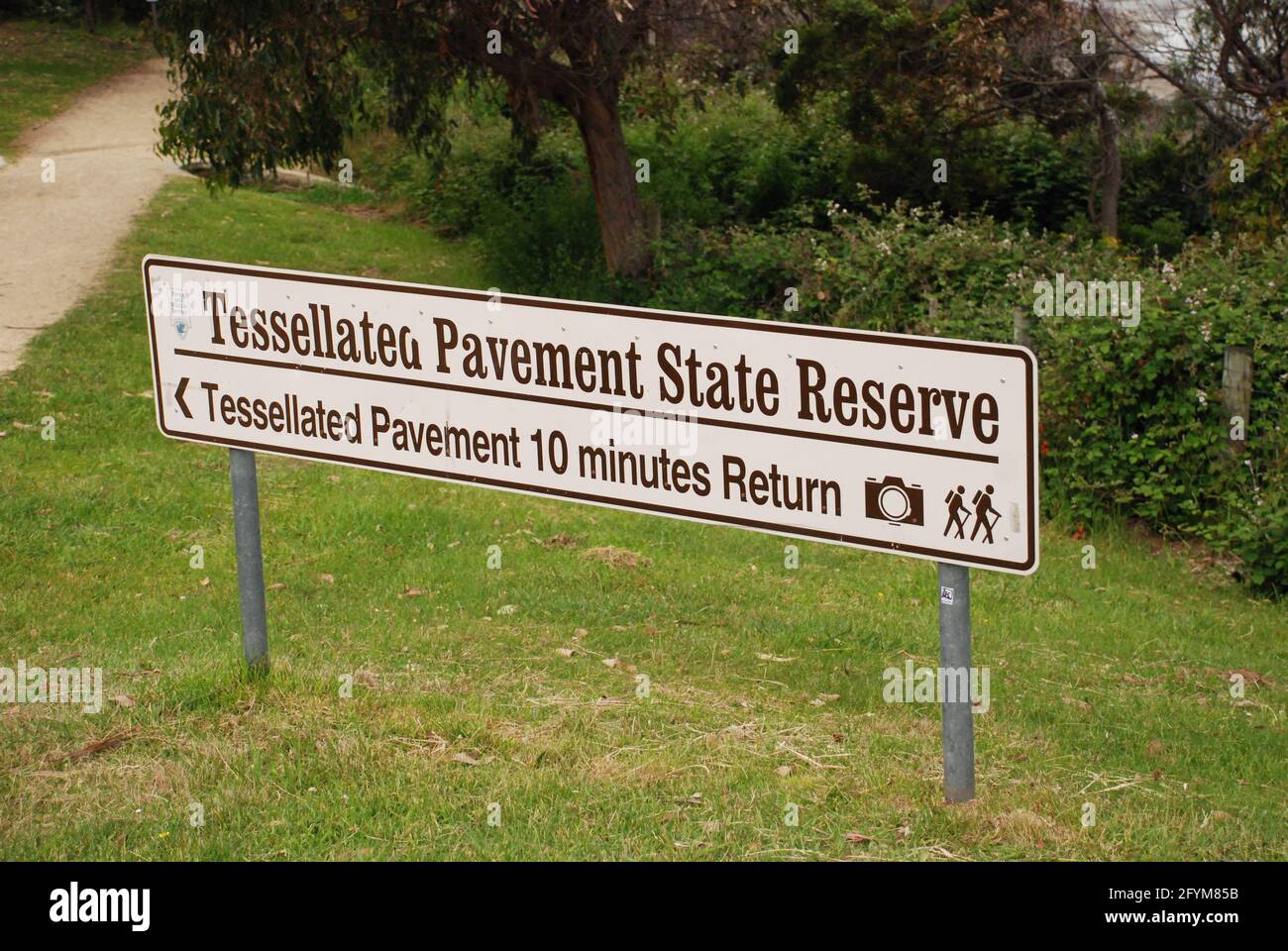 Tessellated Pavement State Reserve sign at Eaglehawk Neck in Tasmania, Australia Stock Photo