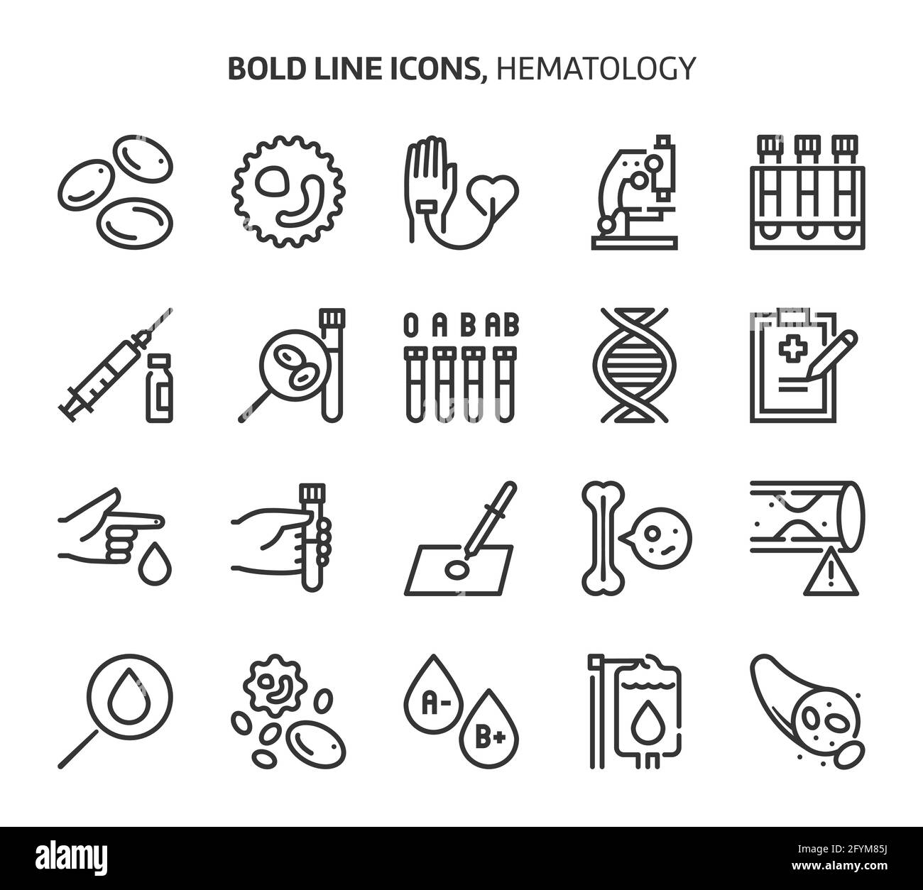 Hematology, bold line icons. The illustrations are a vector, editable stroke, 48x48 pixel perfect files. Crafted with precision and eye for quality. Stock Vector