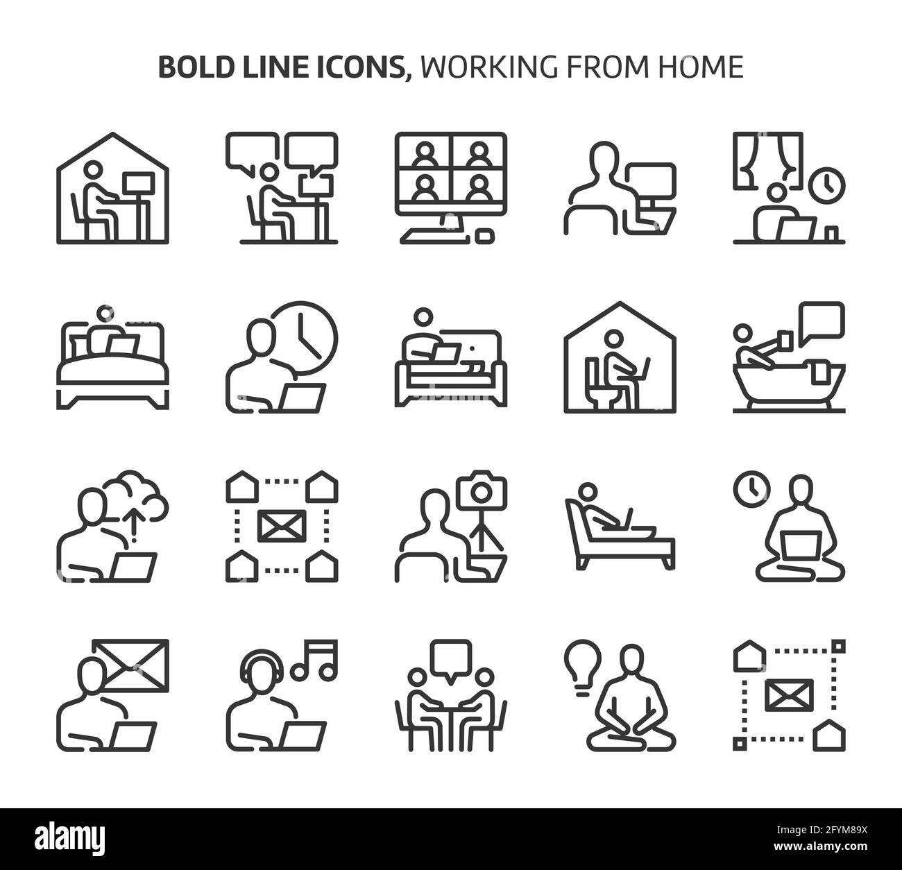 Working from home, bold line icons. The illustrations are a vector ...