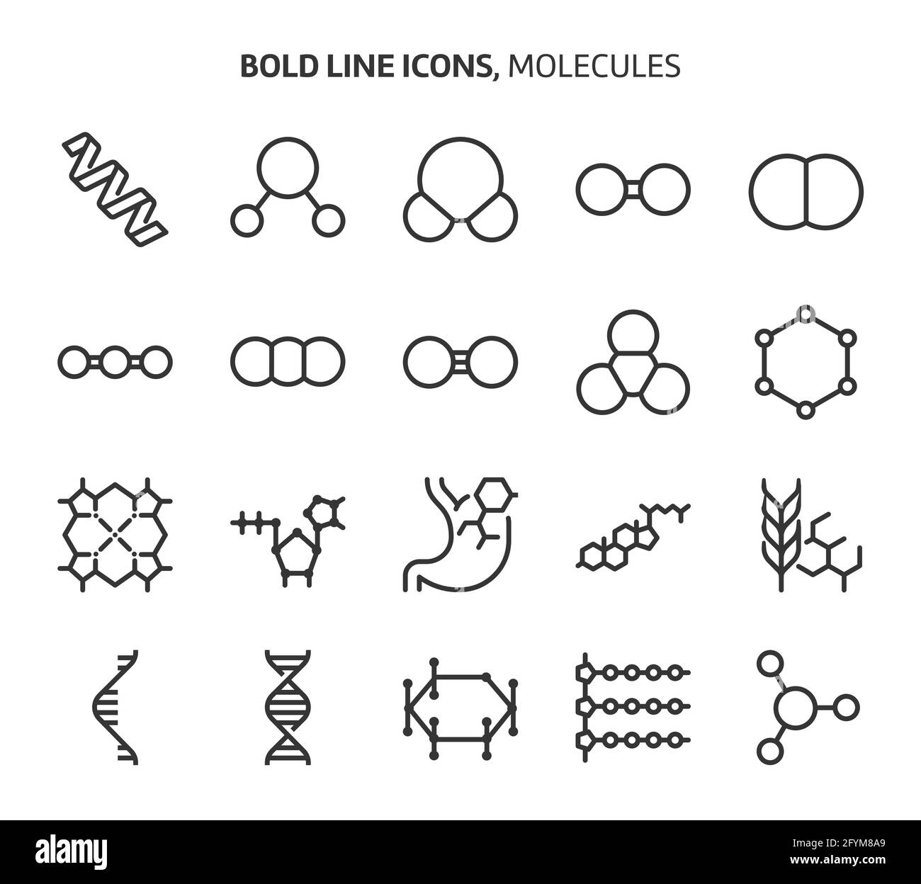 Molecules, bold line icons. The illustrations are a vector, editable stroke, 48x48 pixel perfect files. Crafted with precision and eye for quality. Stock Vector