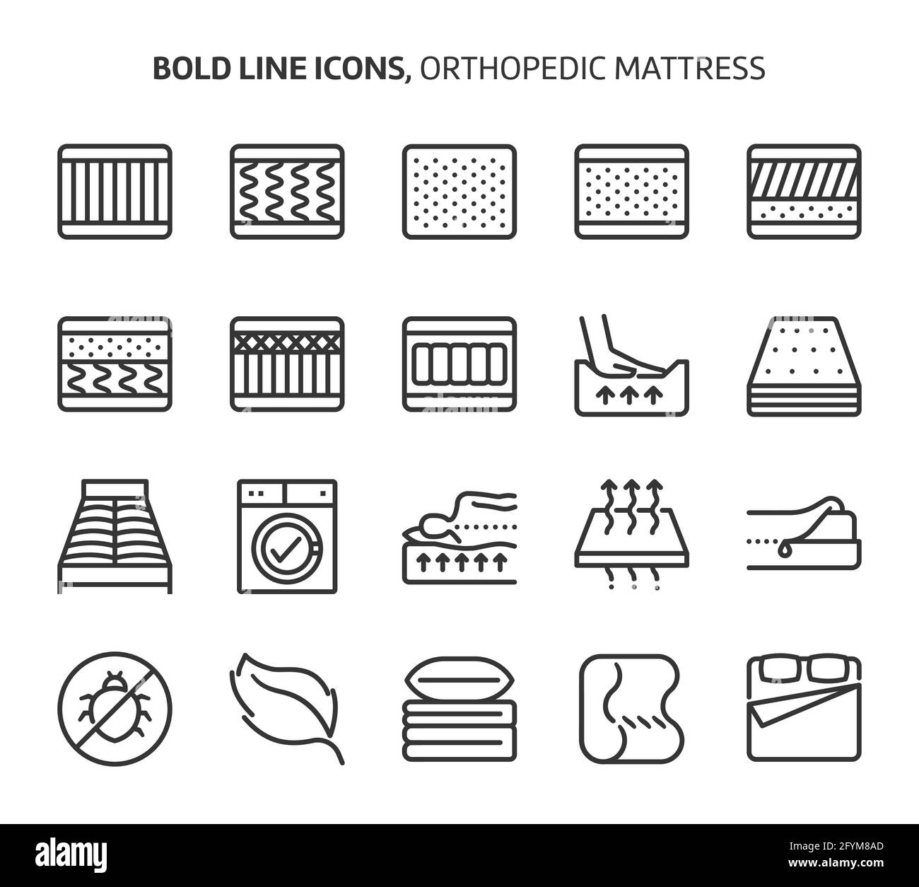 Orthopedic mattress, bold line icons. The illustrations are a vector, editable stroke, 48x48 pixel perfect files. Crafted with precision and eye for q Stock Vector