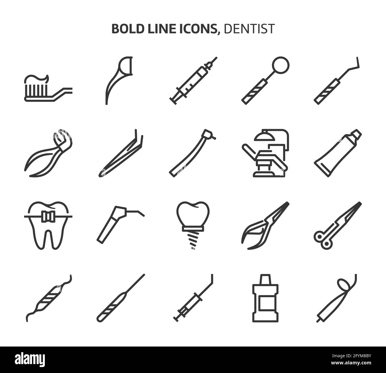 Dentist tools, bold line icons. The illustrations are a vector, editable stroke, 48x48 pixel perfect files. Crafted with precision and eye for quality Stock Vector