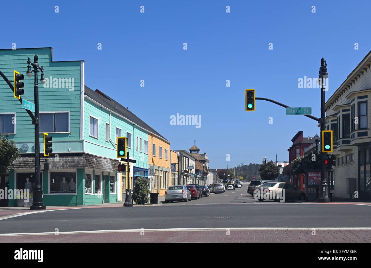 Downtown business district along Main Street, Fort Bragg CA Stock Photo