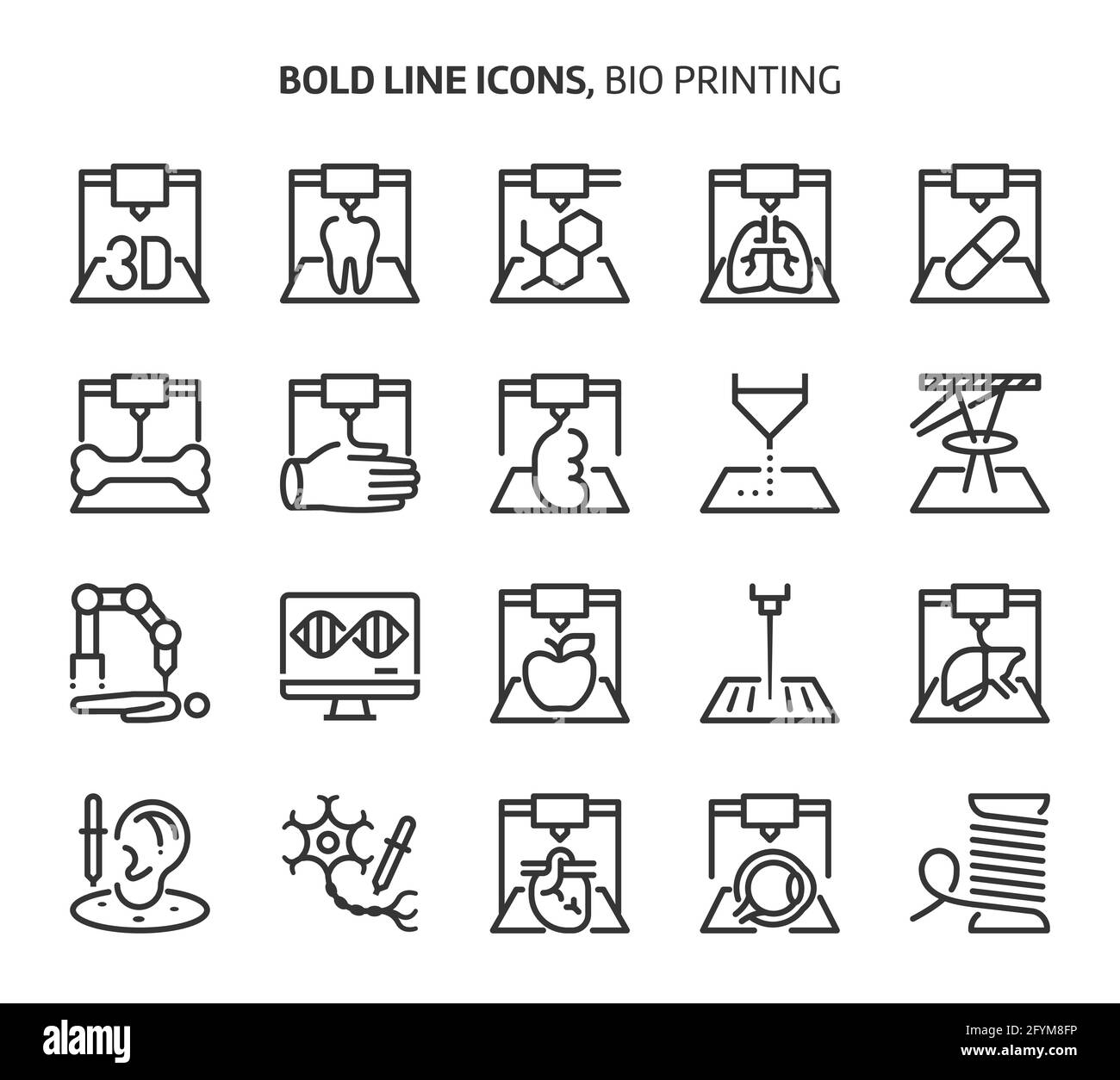 Bio printing, bold line icons. The illustrations are a vector, editable stroke, 48x48 pixel perfect files. Crafted with precision and eye for quality. Stock Vector