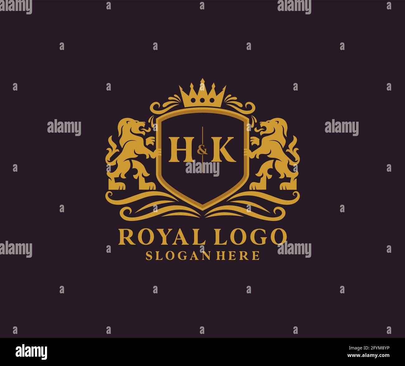HK Letter Lion Royal Luxury Logo template in vector art for Restaurant, Royalty, Boutique, Cafe, Hotel, Heraldic, Jewelry, Fashion and other vector il Stock Vector