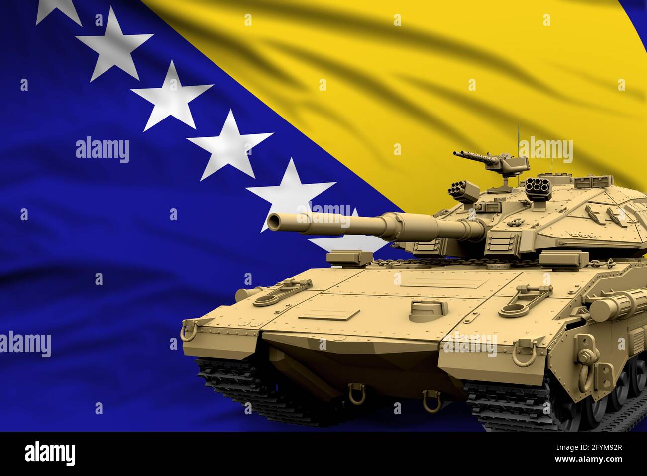 Bosnia and Herzegovina modern tank with not real design on the flag background - tank army forces concept, military 3D Illustration Stock Photo