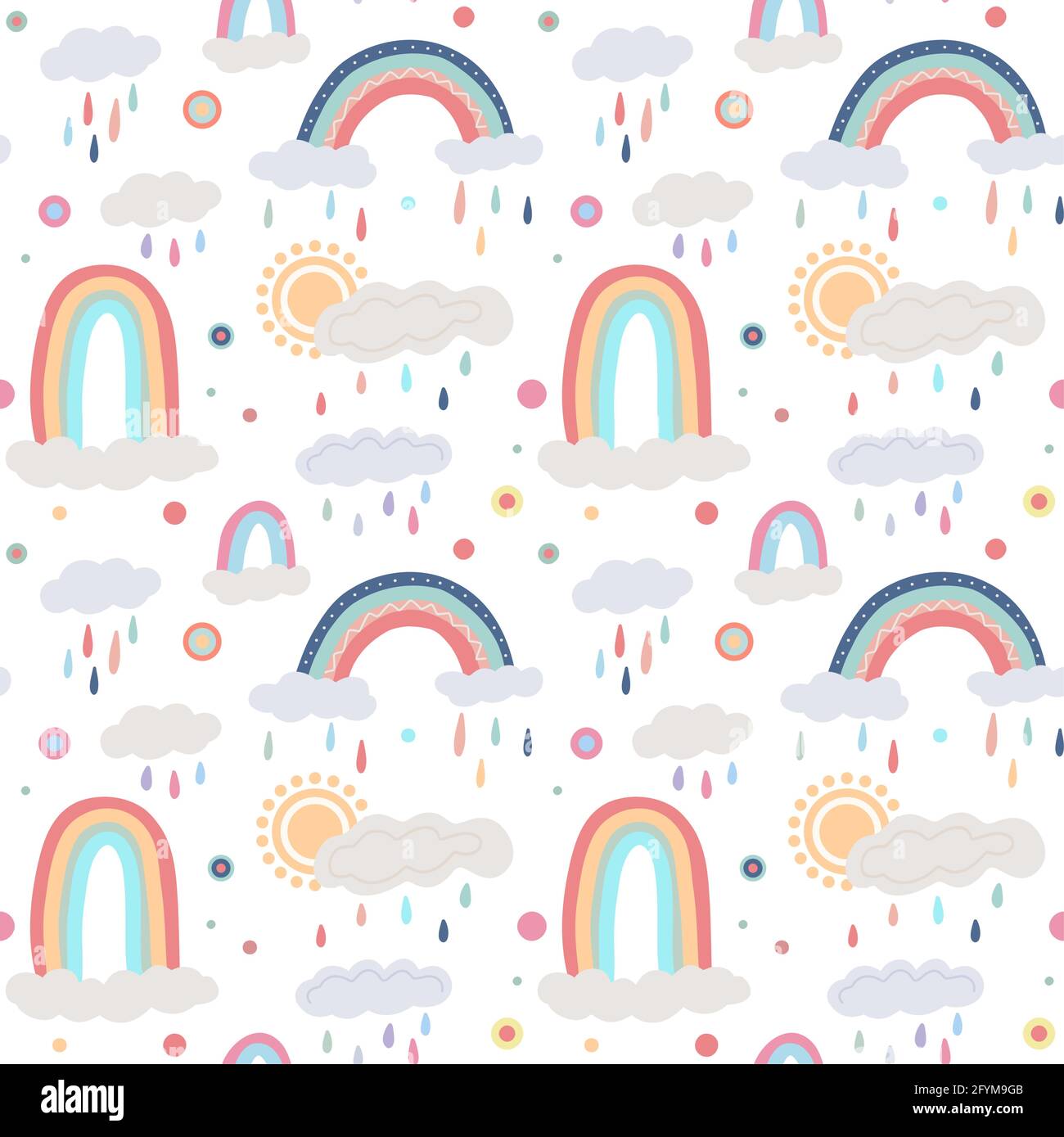 Cute childish pattern with different rainbows, cloud, sun on a white ...