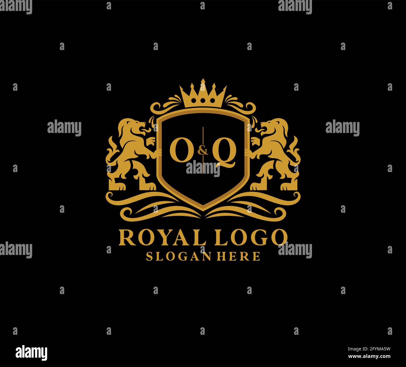 OQ Letter Lion Royal Luxury Logo template in vector art for Restaurant, Royalty, Boutique, Cafe, Hotel, Heraldic, Jewelry, Fashion and other vector il Stock Vector