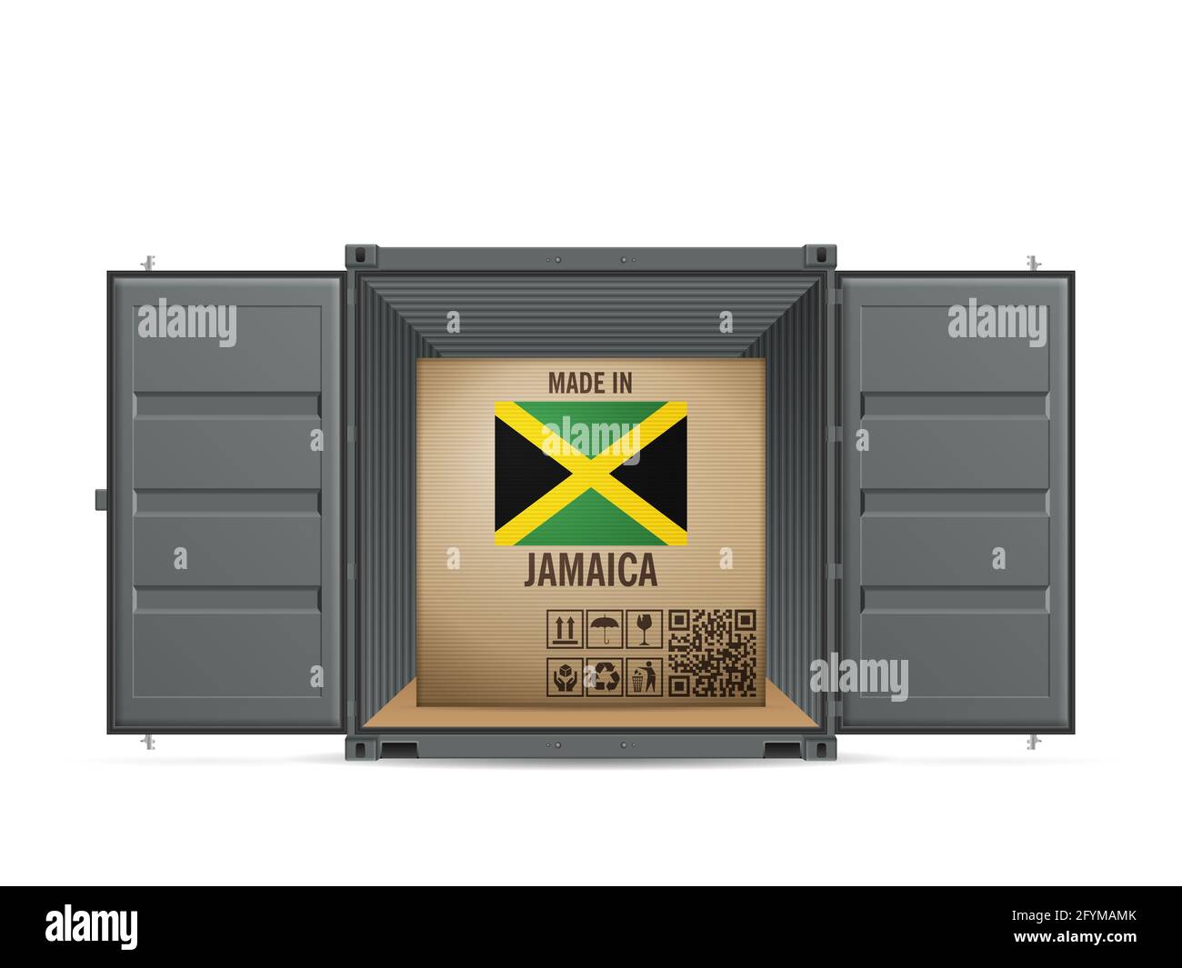 Cardboard box Jamaica in cargo container on a white background. Vector