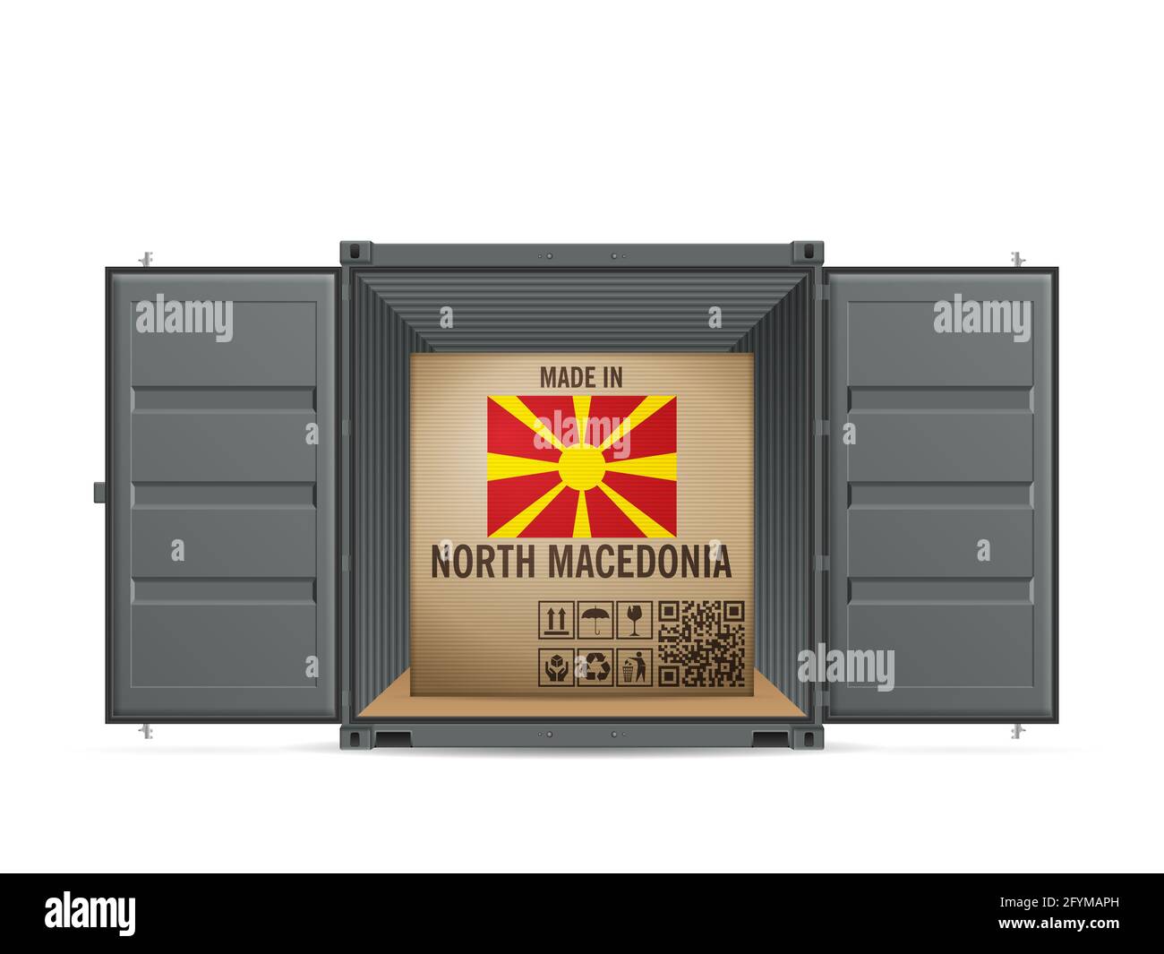 Cardboard box North Macedonia in cargo container on a white background