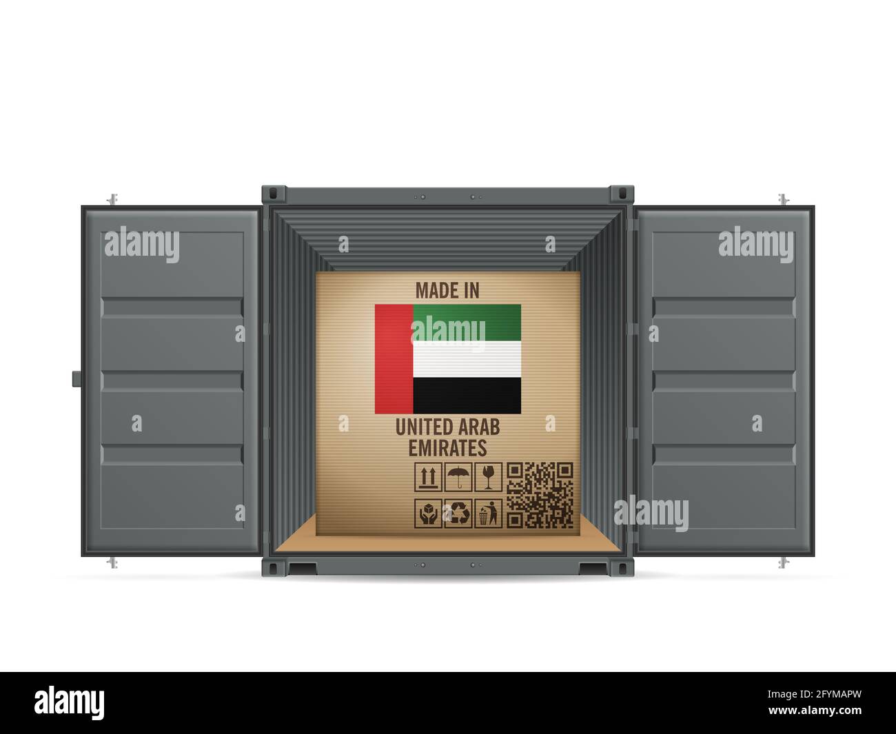 Cardboard box UAE in cargo container on a white background. Vector