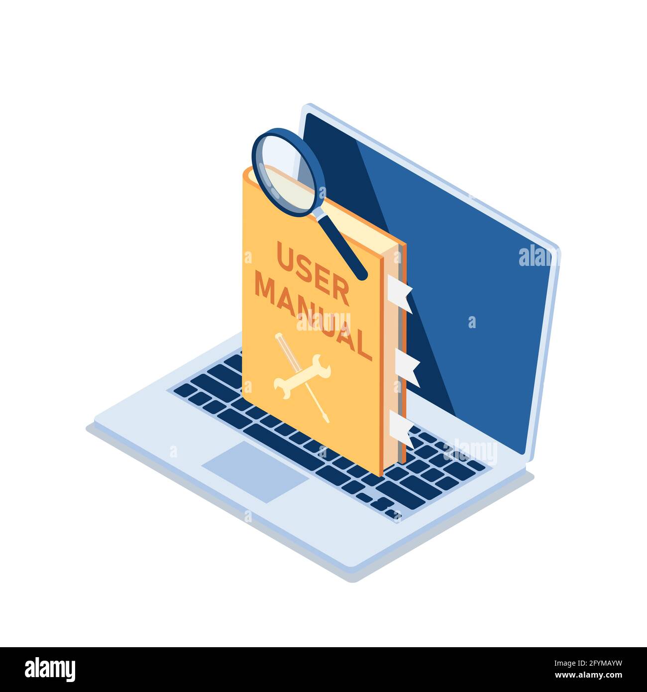 Flat 3d Isometric User Manual with Magnifying Glass on Laptop Monitor. User Manual Guide Concept. Stock Vector
