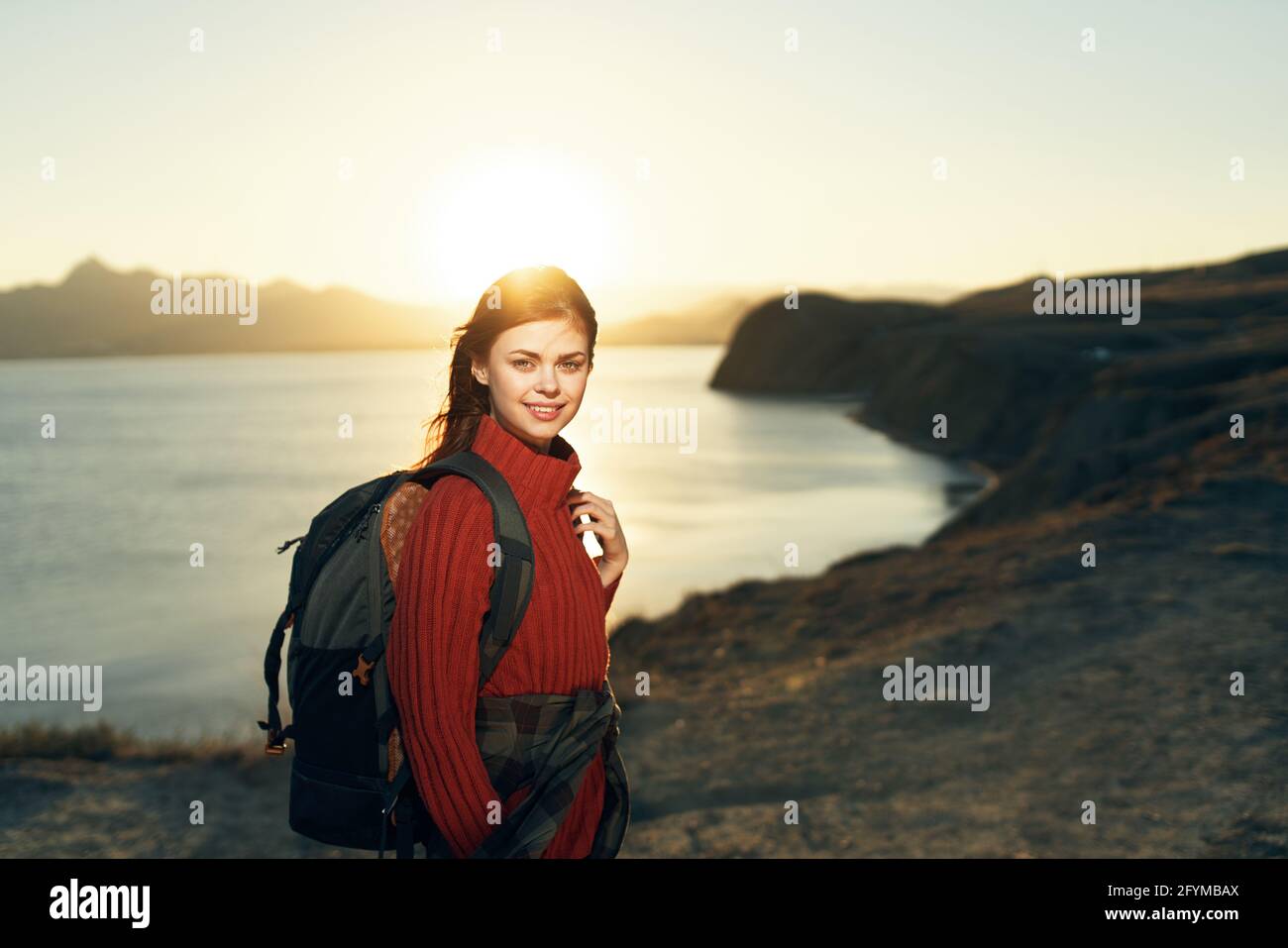 Cheerful Woman Hiker Rocky Mountains Landscape Sunset Fresh Air Stock