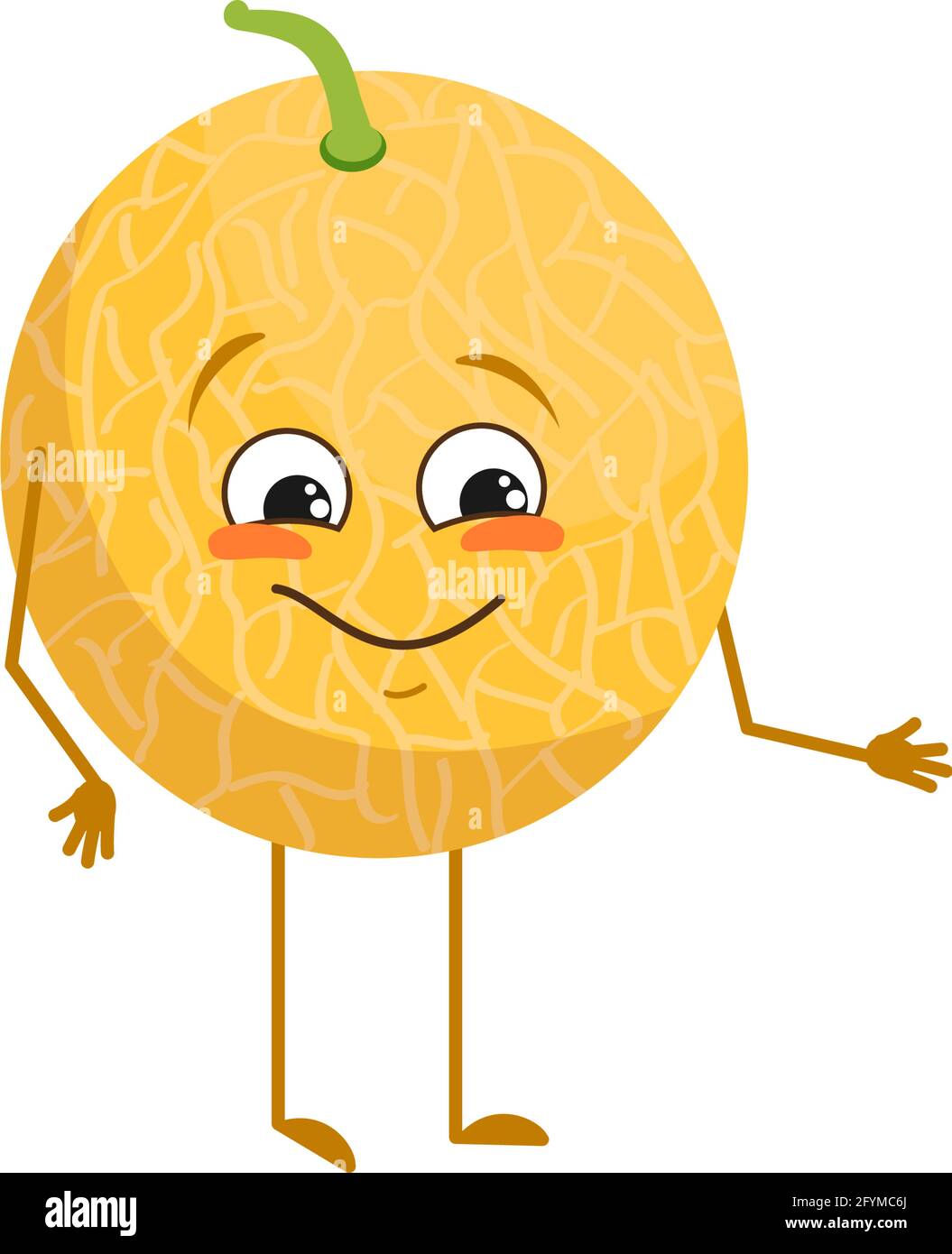 Cute melon character with joy emotions, smiling face, happy eyes, arms