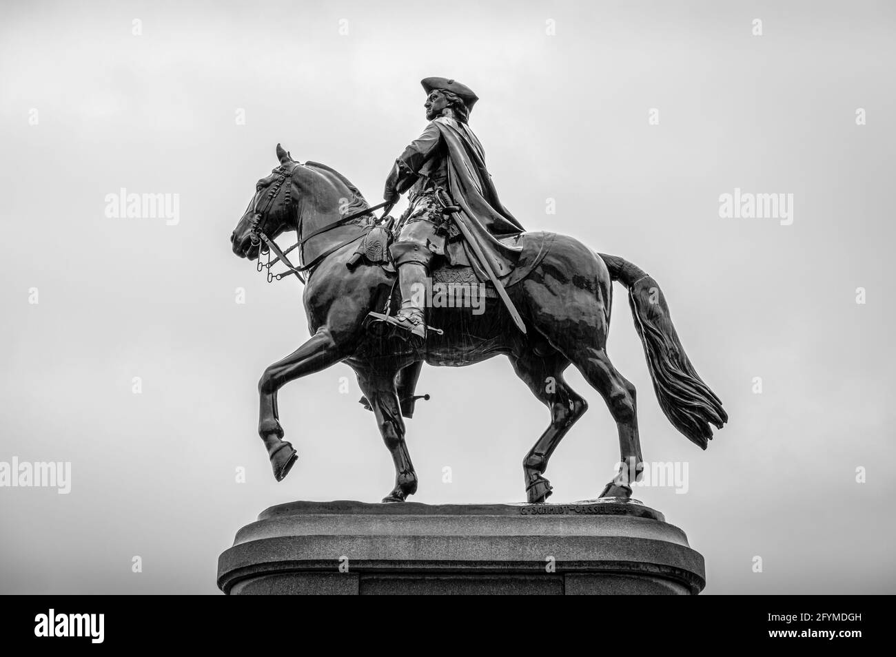 Bronze monument to Peter the Great riding a horse. Side view. Black and white. Stock Photo