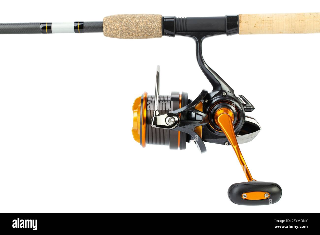 The fishing reel is mounted on a fishing rod for catching bream, carp,  roach and other peaceful fish. Tackle isolated on white background. File  contai Stock Photo - Alamy